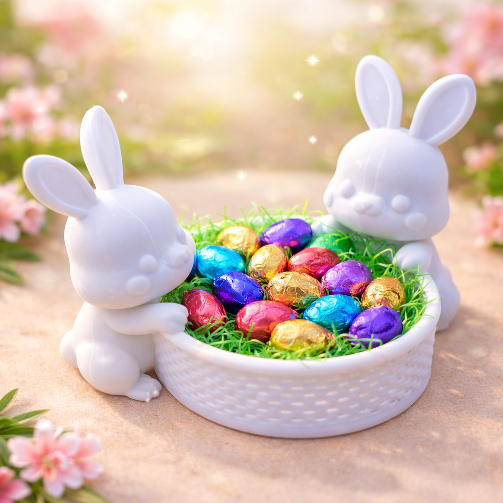 Zauberhaftes Osterkörbchen mit zwei Hasen – 3D-gedruckt