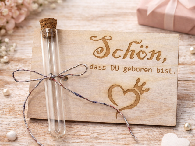 Personalisierte Reagenzglas-Geschenkkarte aus Holz – mit Gravur